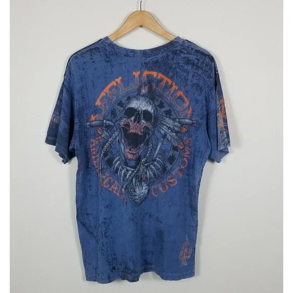 Affliction American Customs Warpath Blue Distressed Skull Graphic T-Shirt Sz XL - Picture 8 of 13